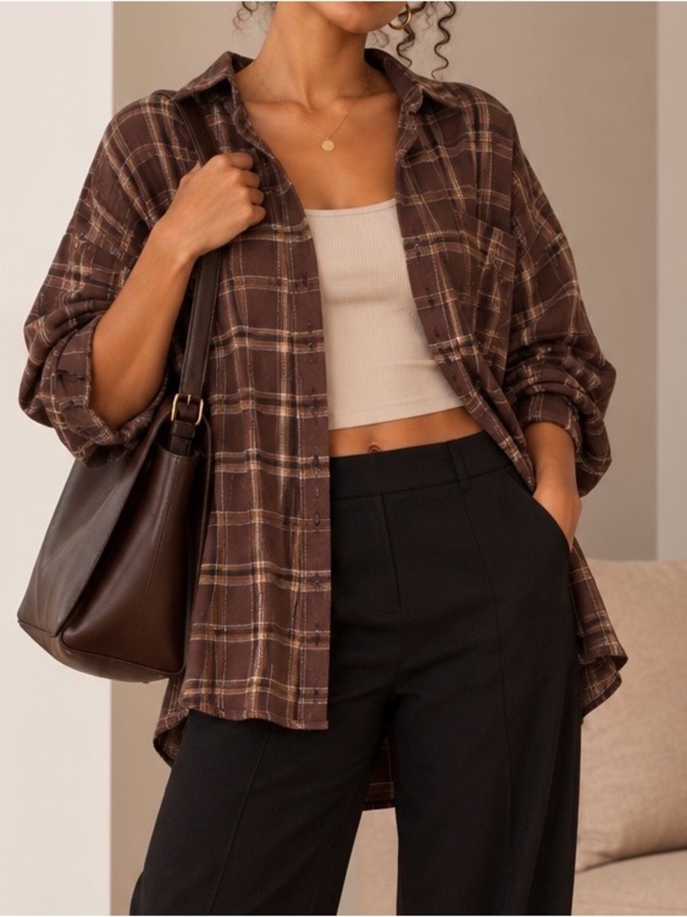 SHEIN Brown Plaid Button-Down Shirt